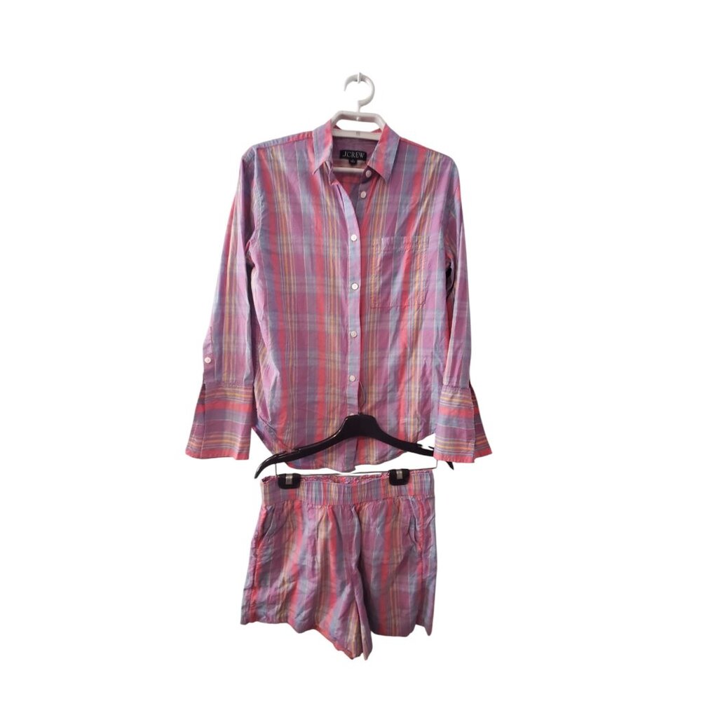 J Crew outfit womens shirt 2 shorts Small Sunset plaid set 2 piece pullon button